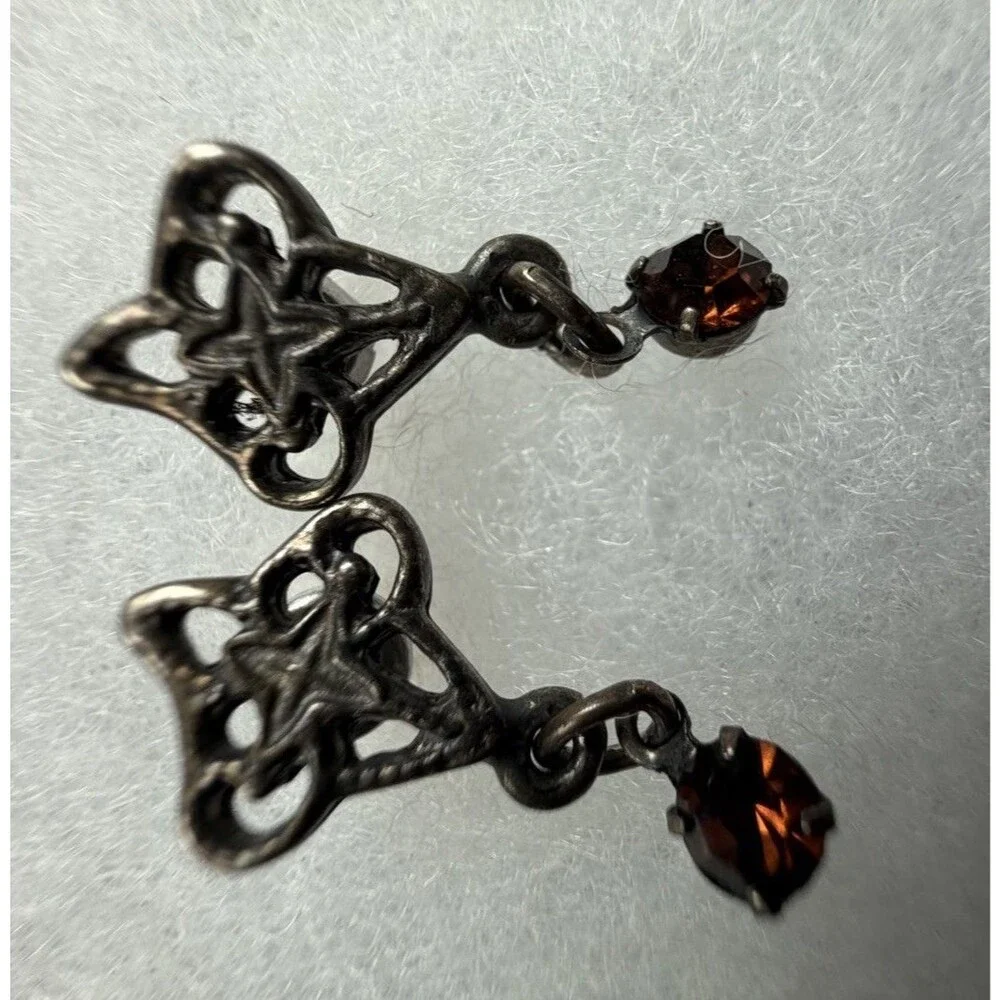 Vintage Mid Century Amber Rhinestone Silver Tone Filigree Dangle Earrings 1950s